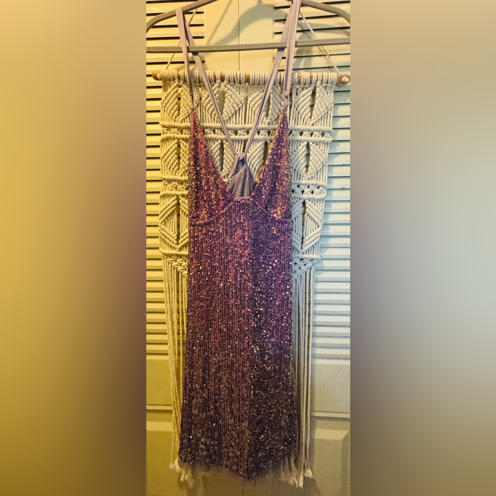 FREE PEOPLE Intimately Gold Rush Sequined Mini Dress in Purple Sz Small - Picture 4 of 11
